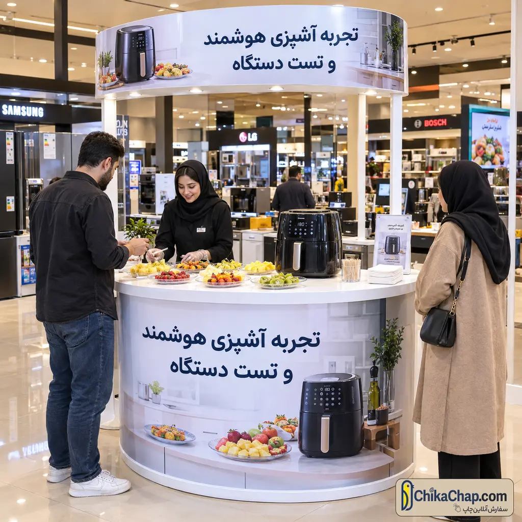 میز دمو و تست لوازم خانگی برای پروموشن و آزمایش کالا در فروشگاه با چاپ مستقیم